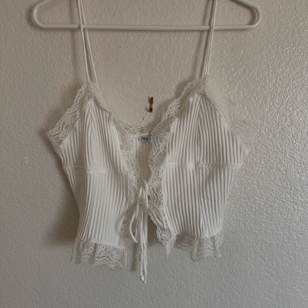 Zara White Lace Trim Ribbed Top